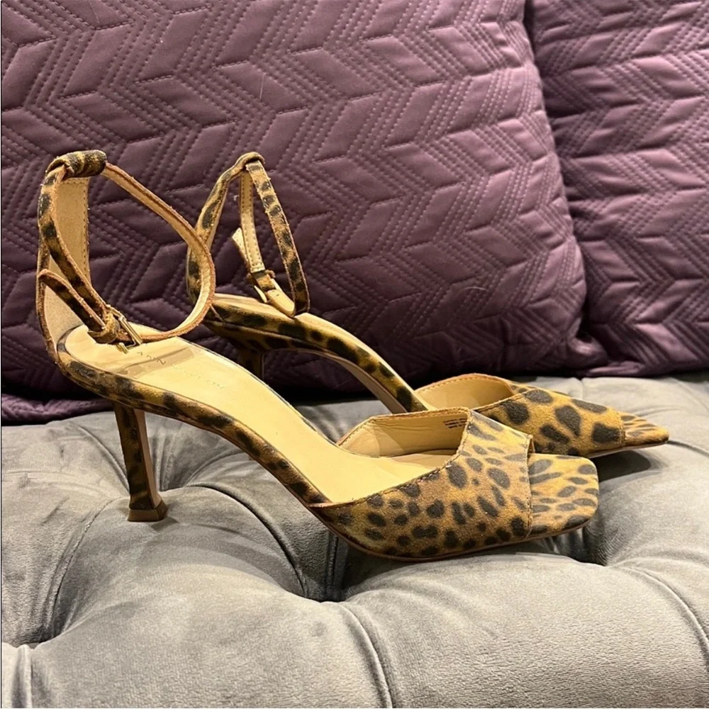 Ann Taylor Leather Leopard Print Ankle-Strap Heels